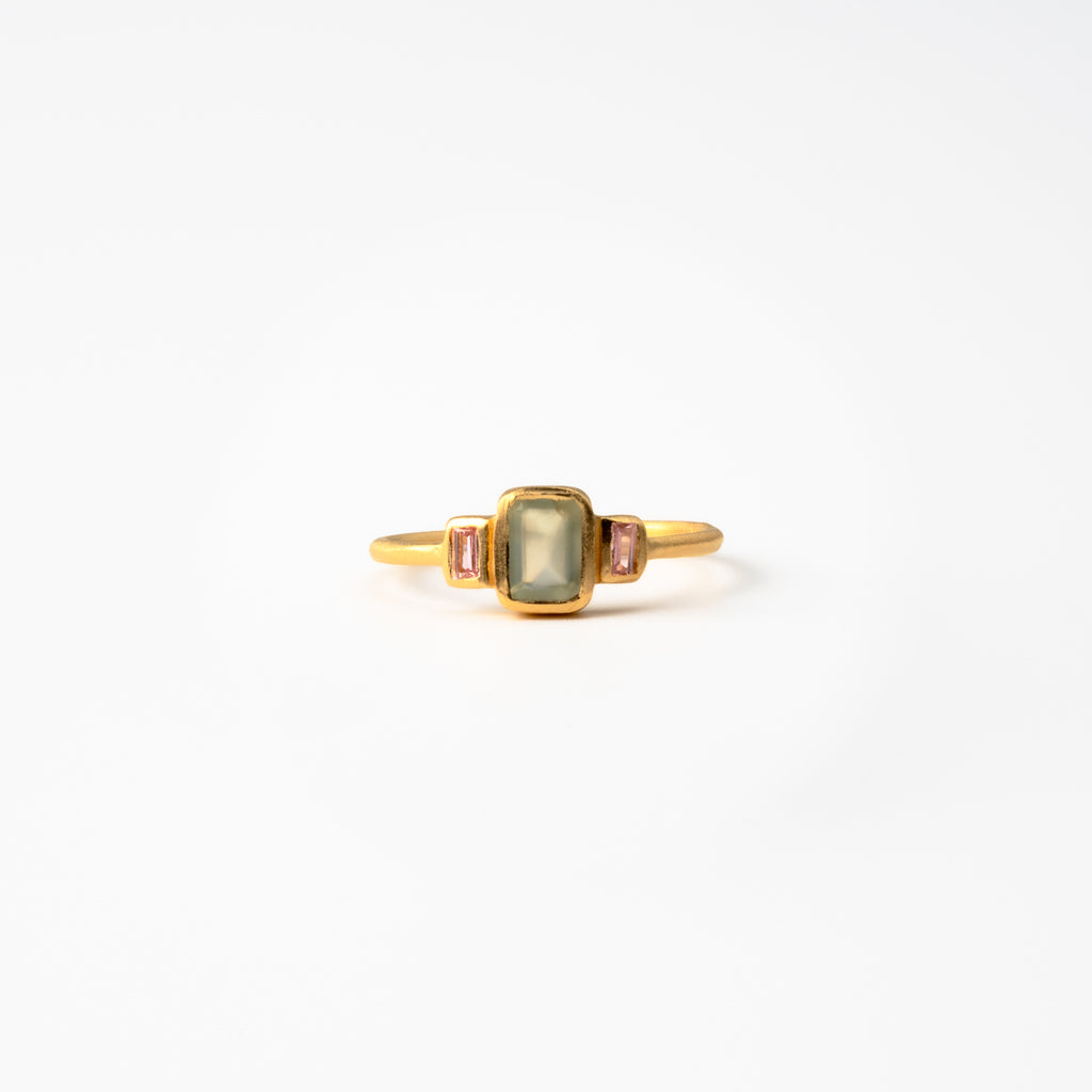 Prehnite & Pink Zircon Mosaic Ring